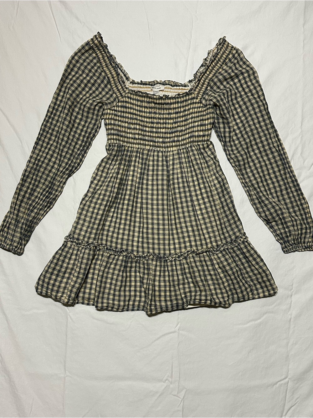 American Eagle Plaid Smocked Long-Sleeve Dress - Beige, Navy & Yellow